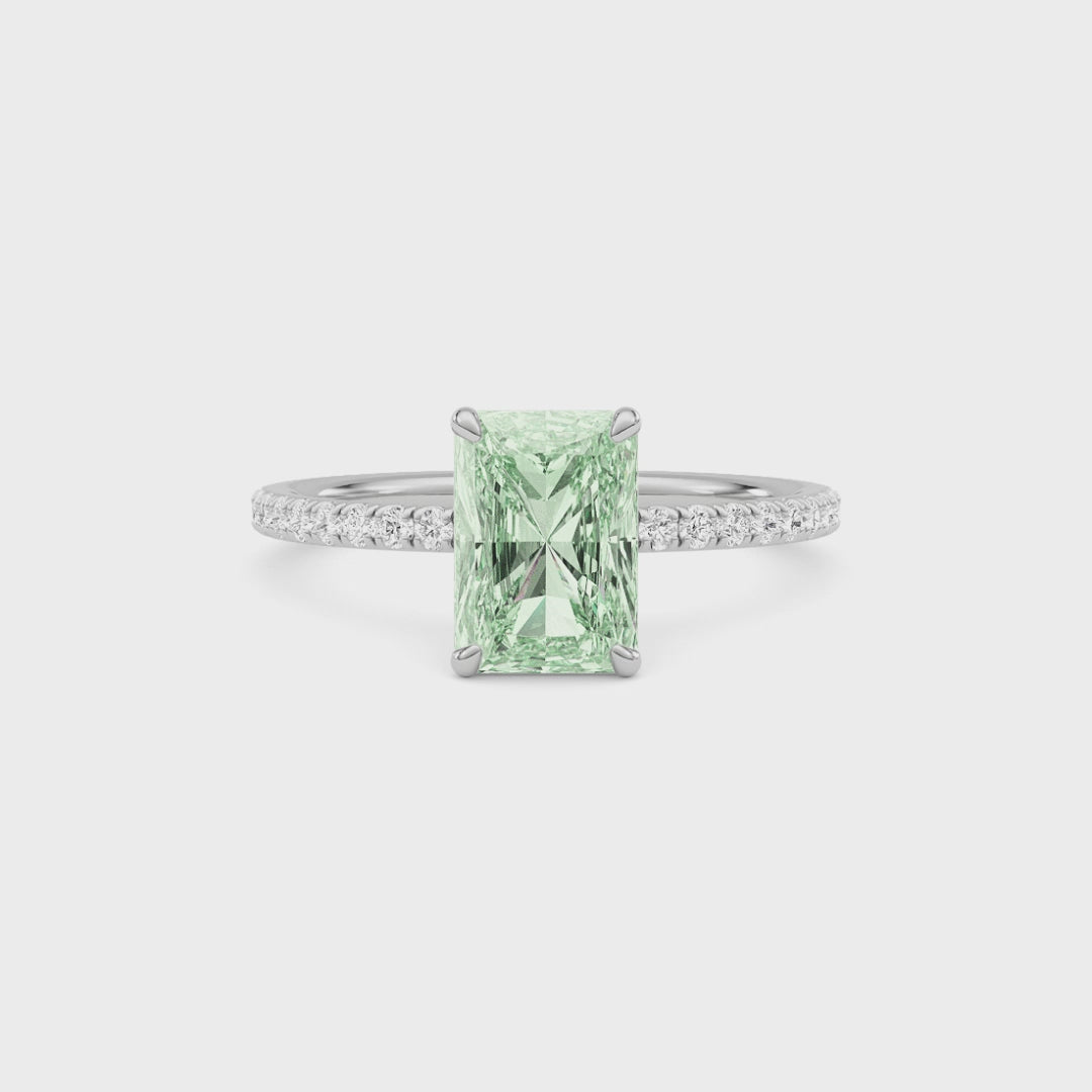 Platinum Fancy Green Radiant Cut Diamond Solitaire with Pavé Band