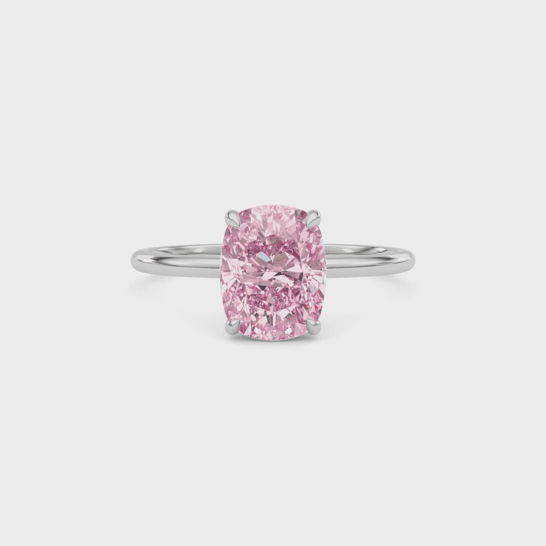 White gold Fancy Pink Cushion Cut Diamond Hidden Halo Solitaire Engagement Ring with Prong Setting