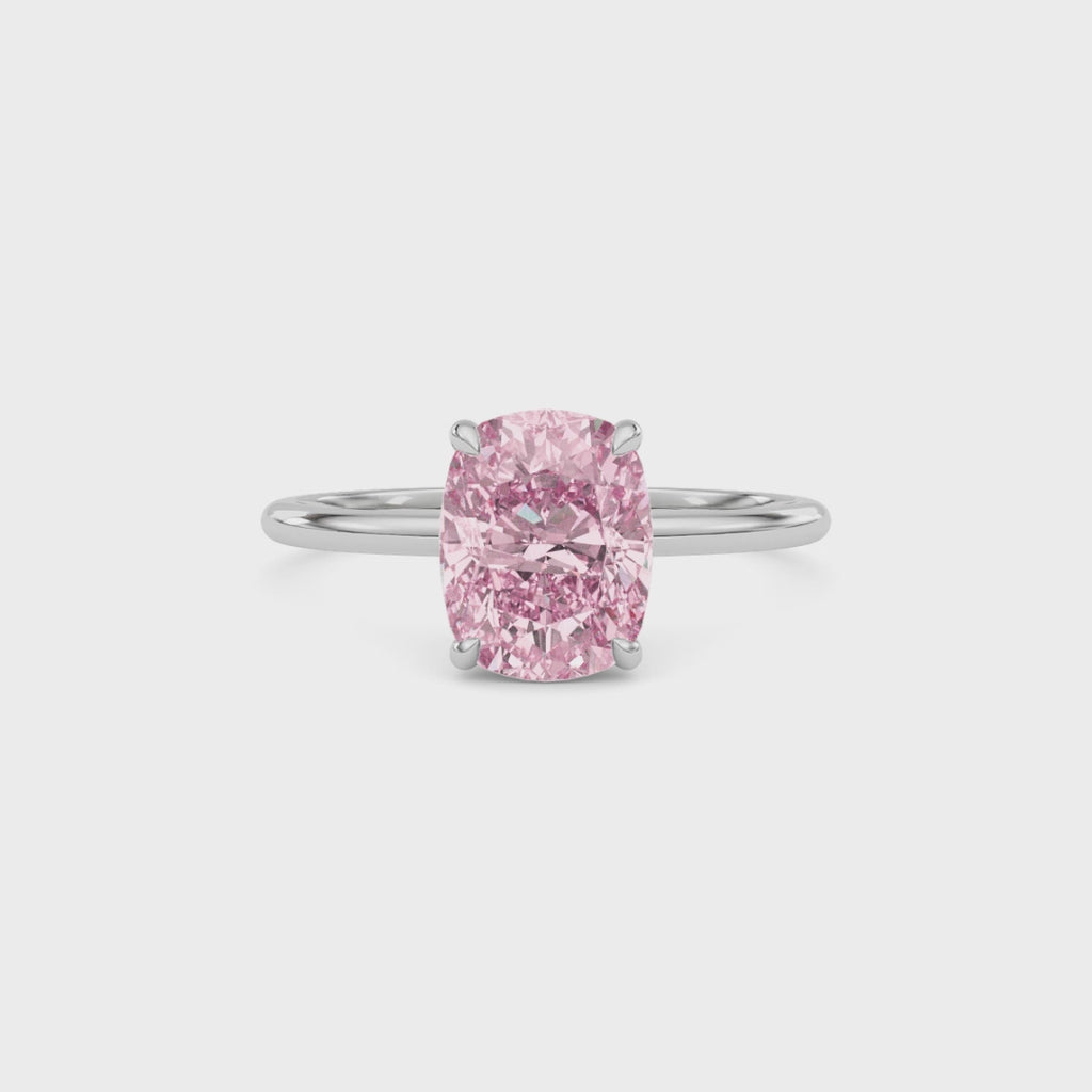 White gold Fancy Pink Cushion Cut Diamond Hidden Halo Solitaire Engagement Ring with Prong Setting