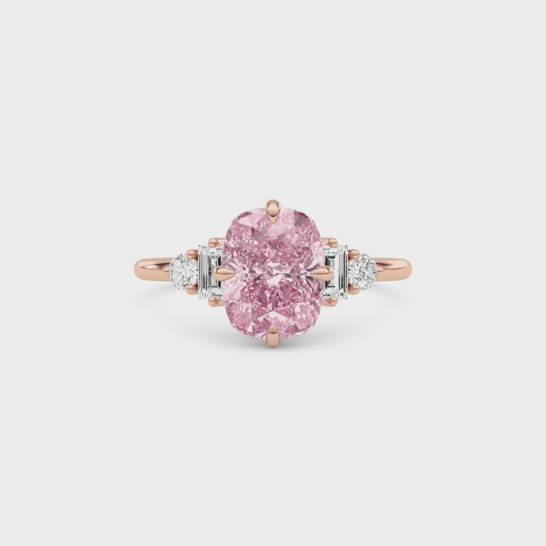 Rose gold Fancy Pink Cushion Cut Three Stone Diamond Engagement Ring with Tapered Baguette and Round Side Stones