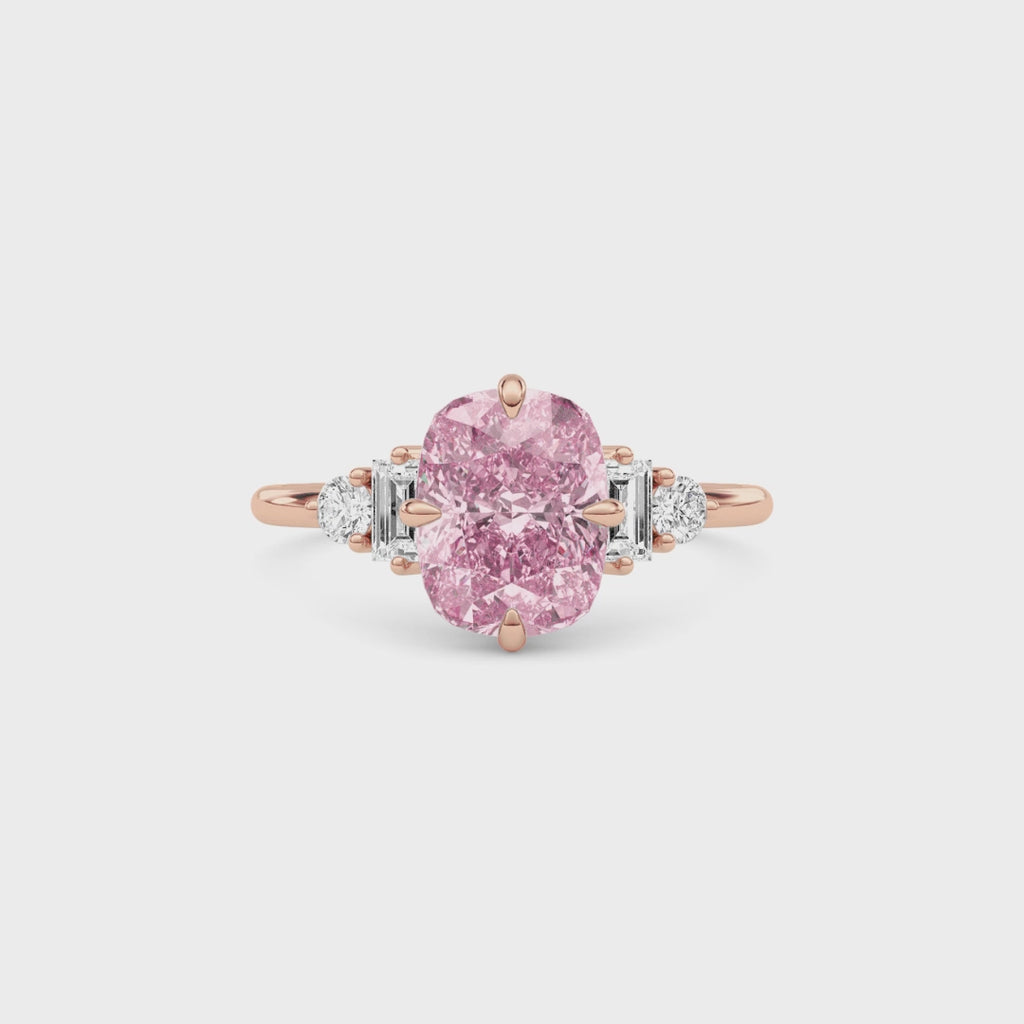 Rose gold Fancy Pink Cushion Cut Three Stone Diamond Engagement Ring with Tapered Baguette and Round Side Stones