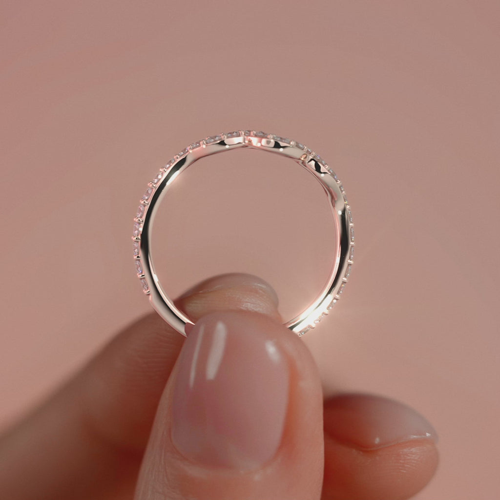 Rose gold Round Diamond Curved Wave Band with Pave Setting