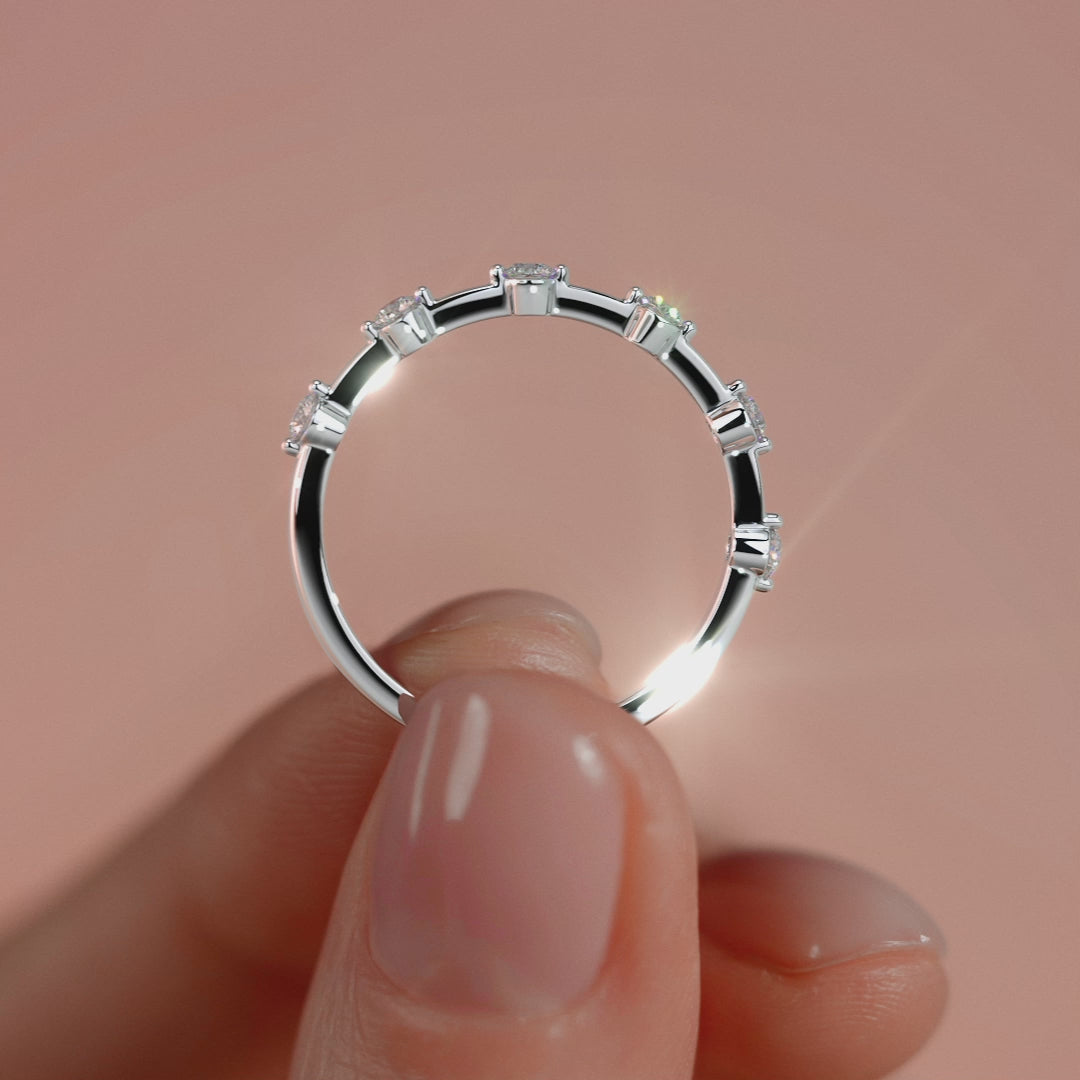 White gold Round Diamond Station Half Eternity Band with Prong Setting