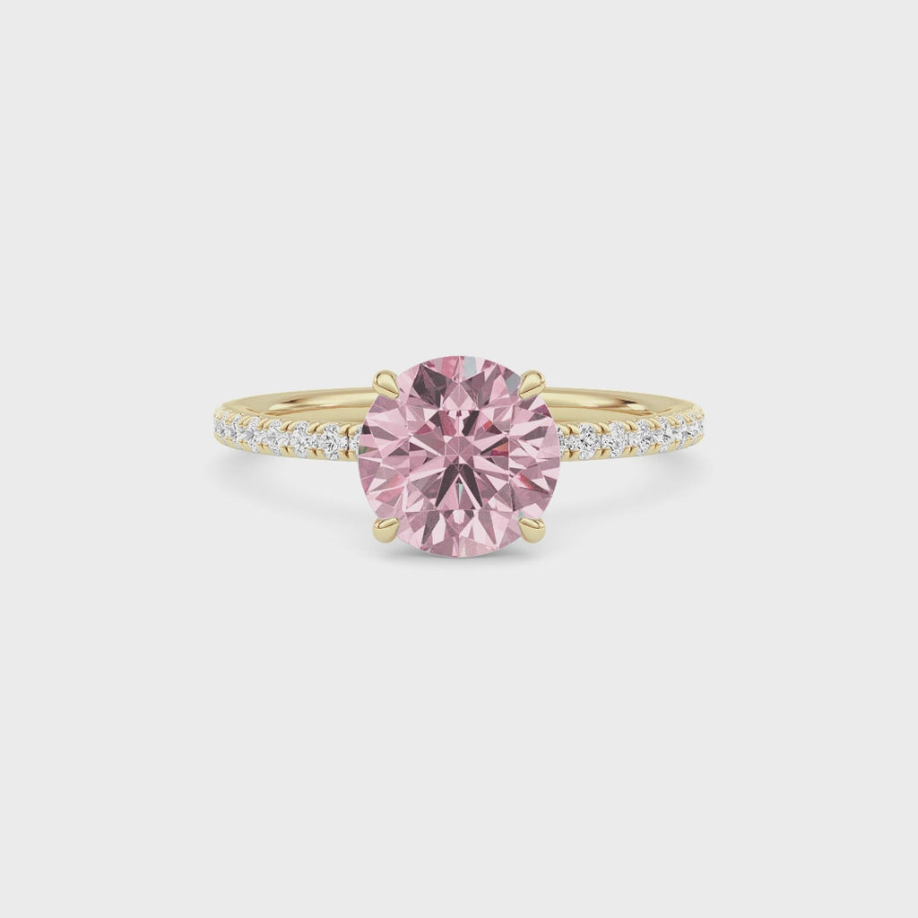 Yellow gold Fancy Pink Round Cut Diamond Solitaire with Pavé Band