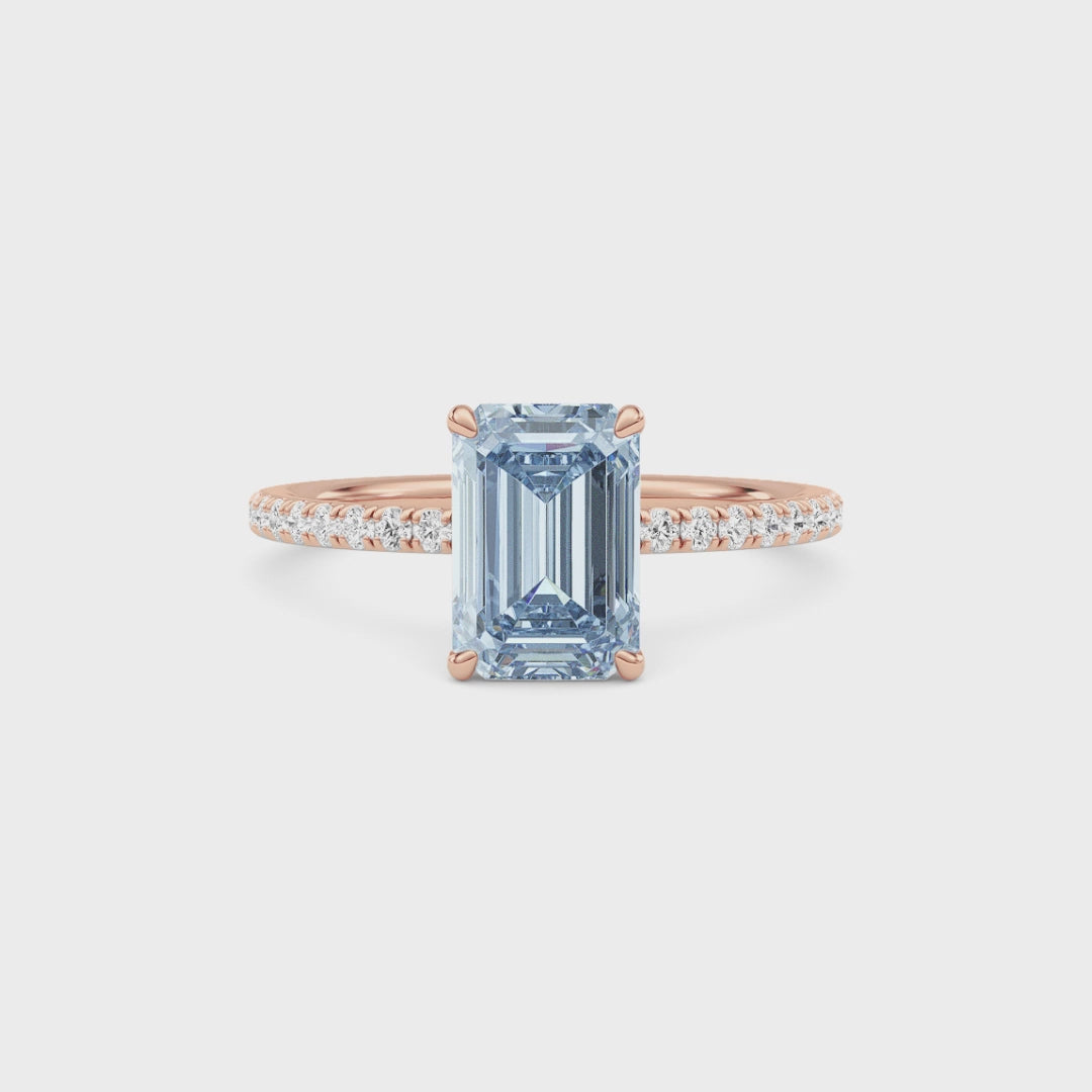 Rose gold Fancy Blue Emerald Cut Diamond Solitaire with Pavé Band