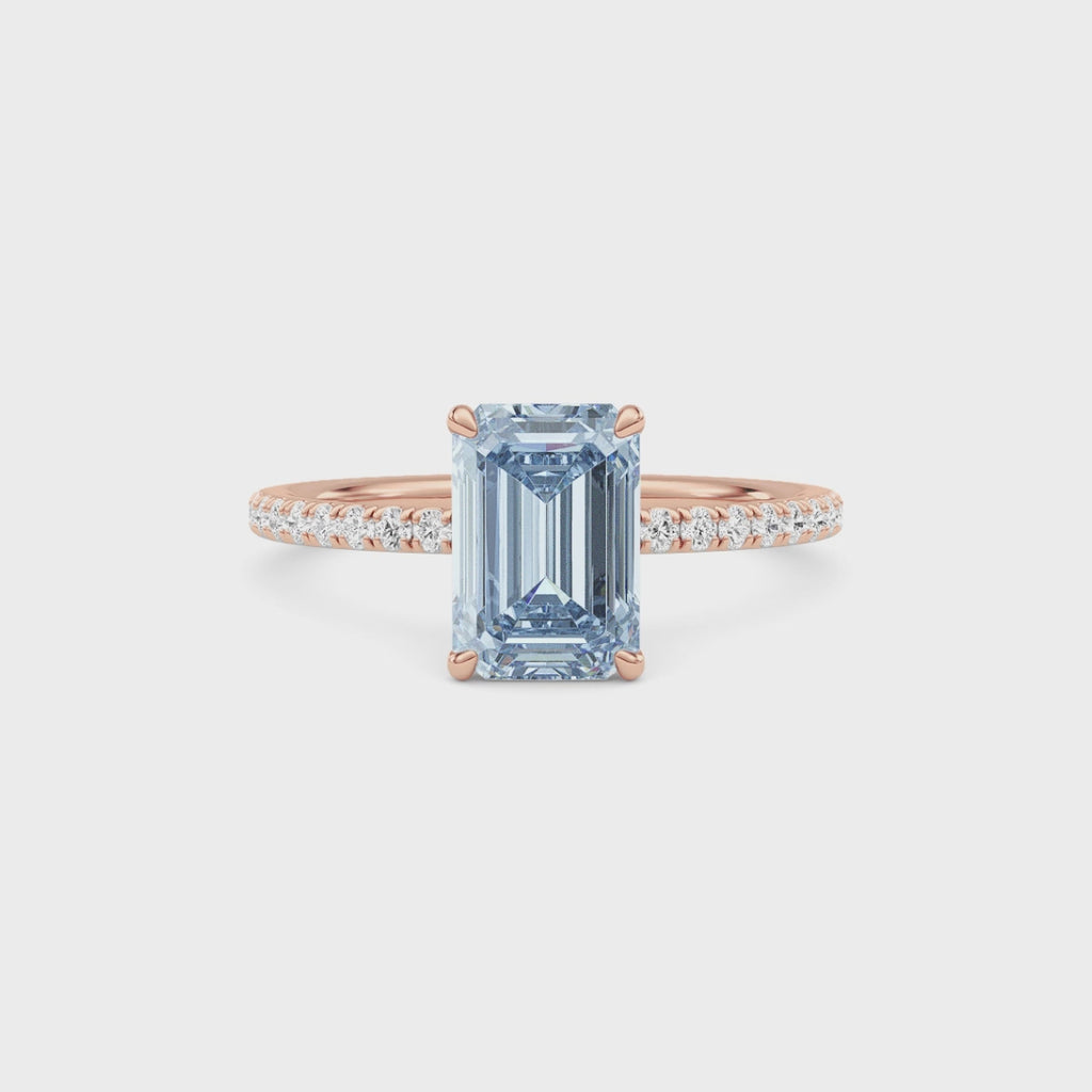 Rose gold Fancy Blue Emerald Cut Diamond Solitaire with Pavé Band