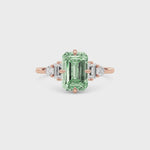 Rose gold Three-Stone Fancy Green Emerald Cut Diamond Ring with Heart Side Stones