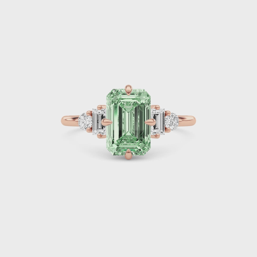 Rose gold Three-Stone Fancy Green Emerald Cut Diamond Ring with Heart Side Stones