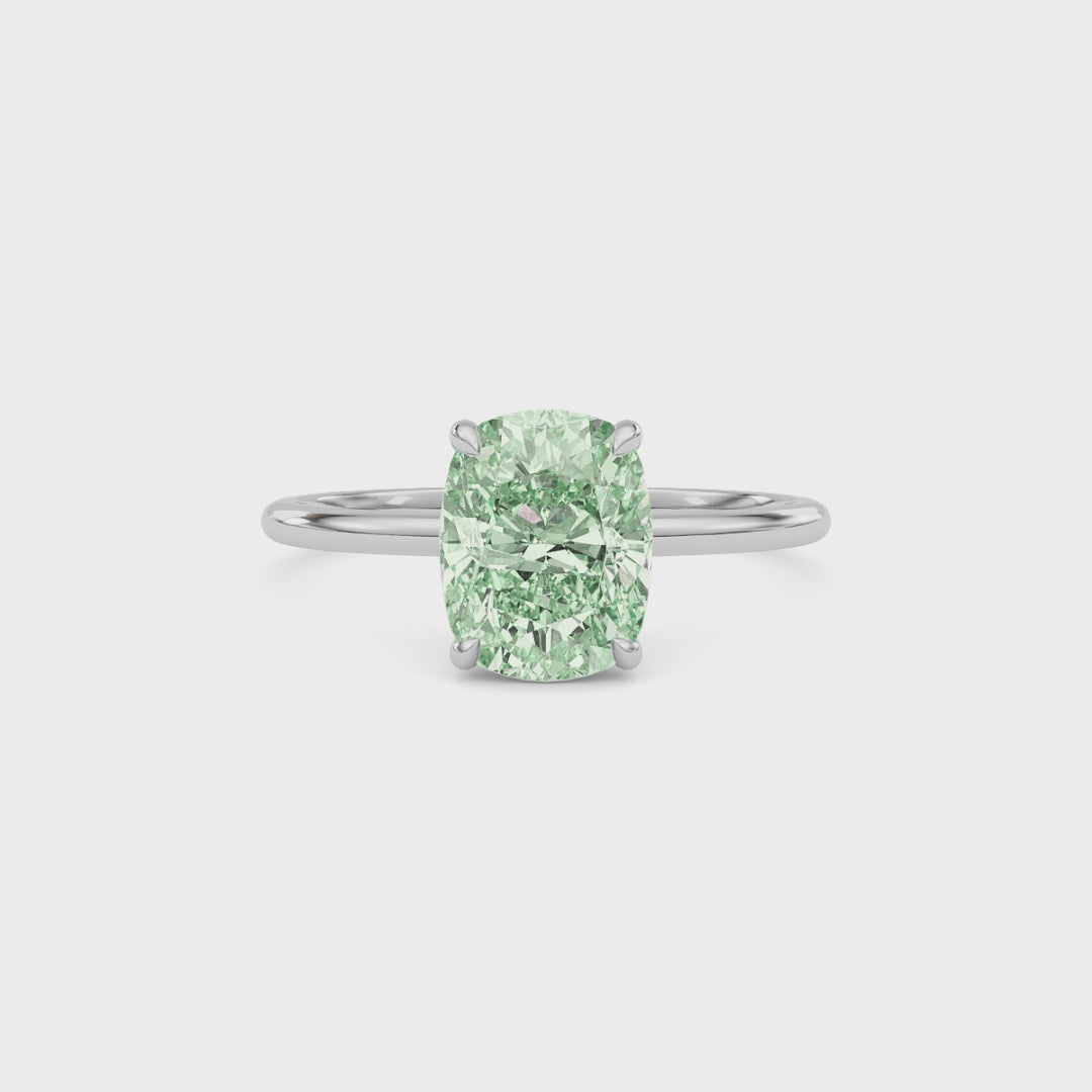Platinum Fancy Green Cushion Cut Diamond Hidden Halo Solitaire Engagement Ring with Prong Setting