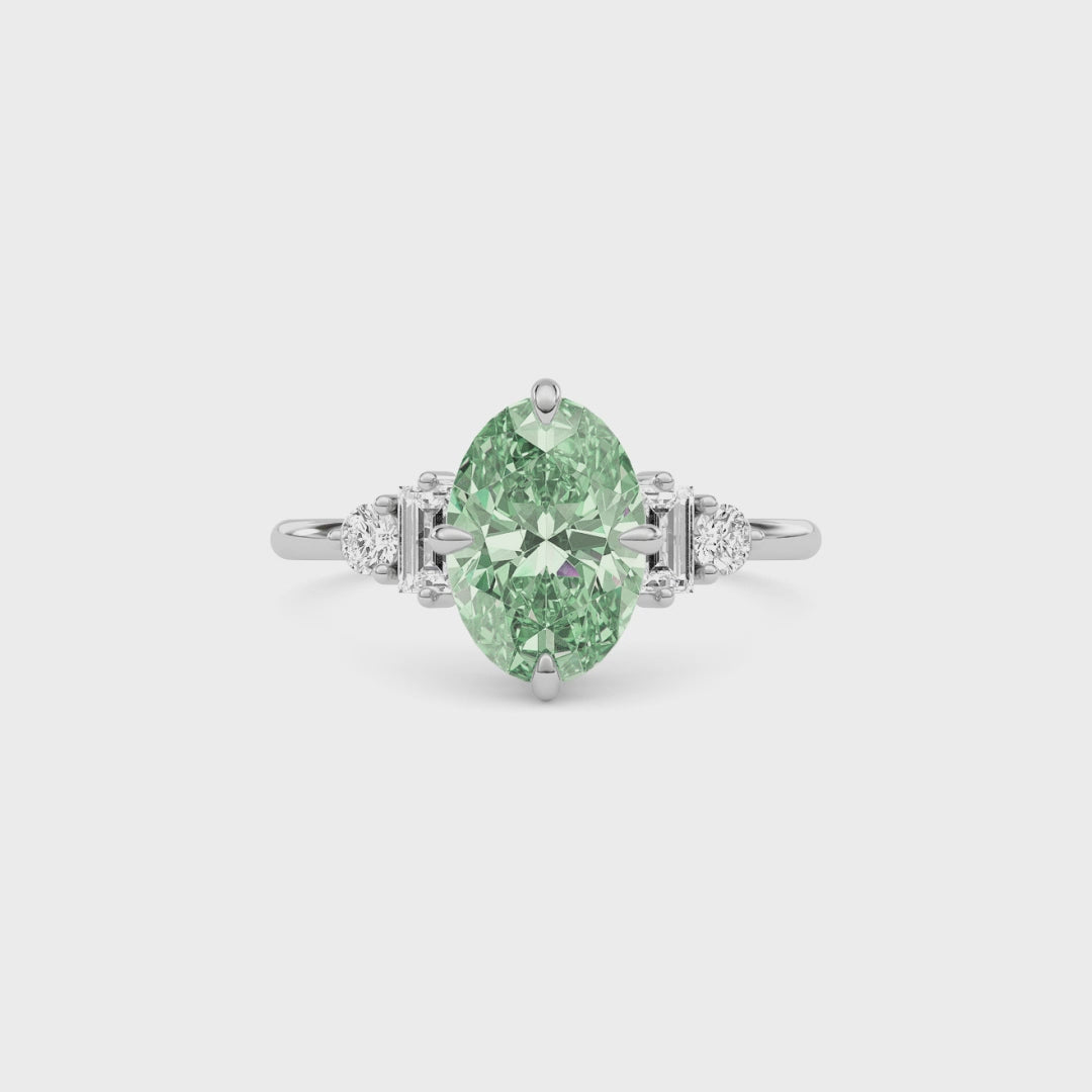 Silver Fancy Green Oval Cut Three Stone Diamond Engagement Ring with Tapered Baguette and Round Side Stones