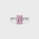 Silver Three-Stone Fancy Pink Radiant Cut Diamond Ring with Tapered Baguette Side Stones