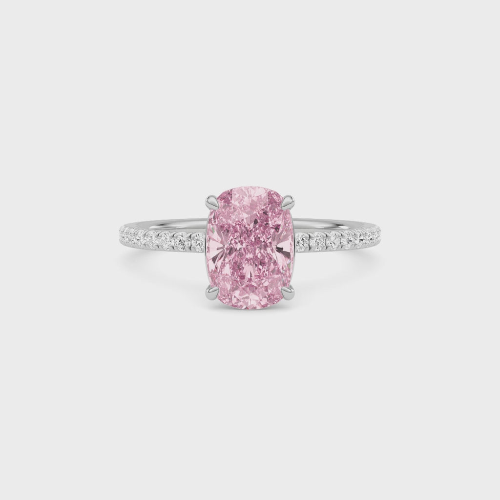Silver Fancy Pink Cushion Cut Diamond Solitaire with Pavé Band