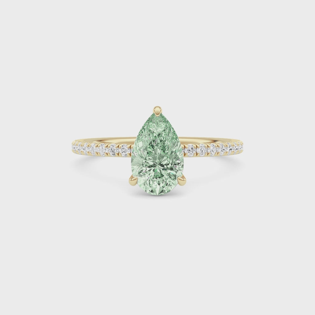 Yellow gold Fancy Green Pear Cut Diamond Solitaire with Pavé Band