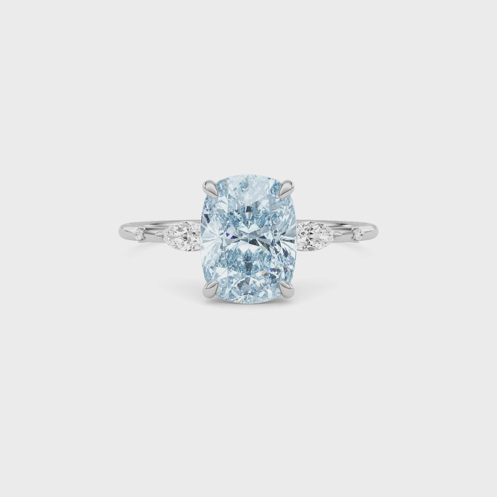 White gold Fancy Blue Cushion Cut Diamond Marquise Side Stone Engagement Ring