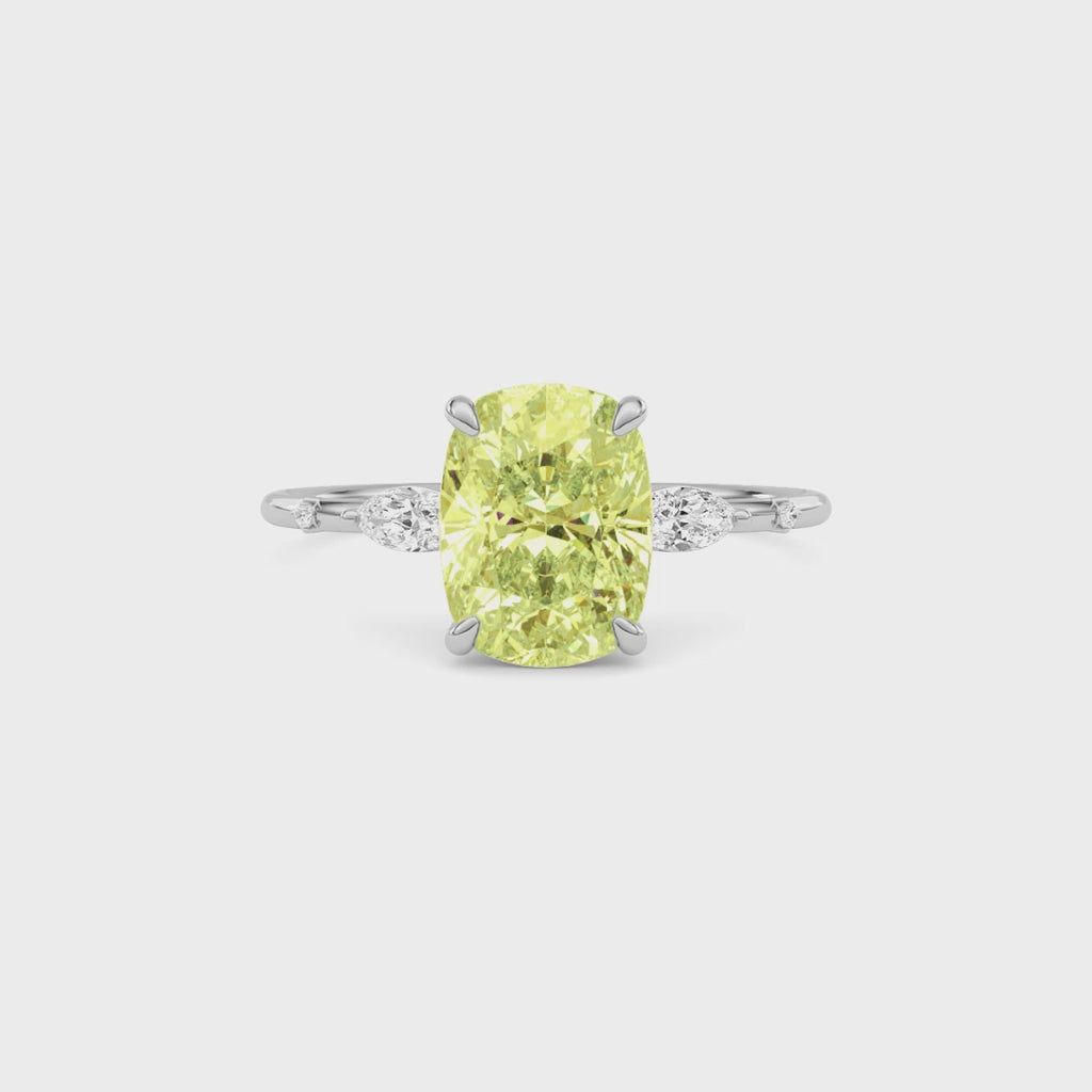 Yellow gold Fancy Yellow Cushion Cut Diamond Marquise Side Stone Engagement Ring