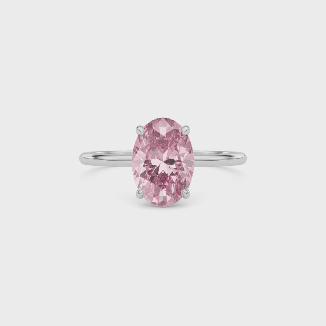 Platinum Fancy Pink Oval Cut Diamond Hidden Halo Solitaire Engagement Ring with Prong Setting