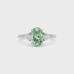White gold Three-Stone Fancy Green Oval Cut Diamond Ring with Trillion Side Stones