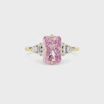 Yellow gold Three-Stone Fancy Pink Radiant Cut Diamond Ring with Heart Side Stones