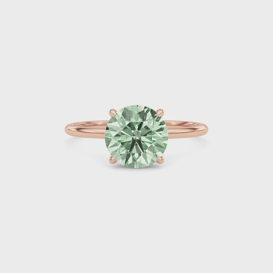 Rose gold Fancy Green Round Cut Diamond Hidden Halo Solitaire Engagement Ring with Prong Setting