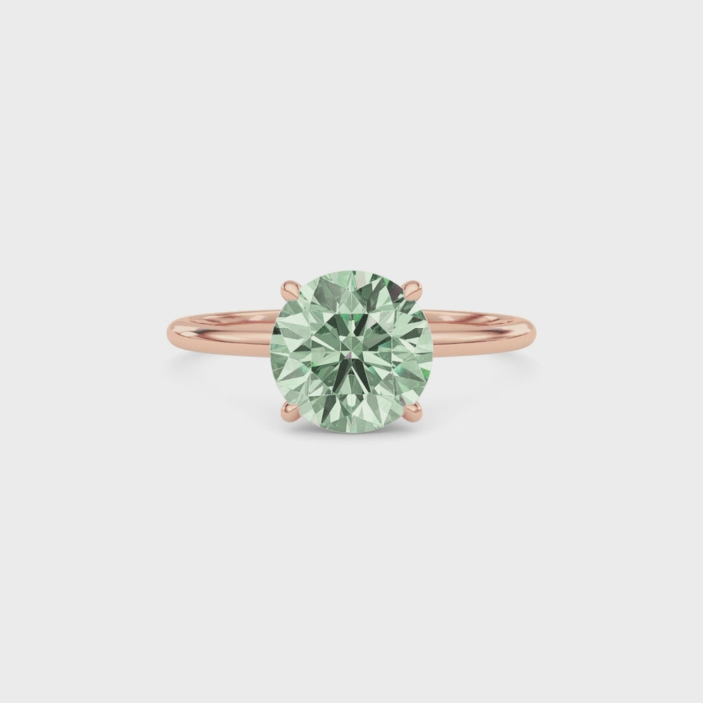 Rose gold Fancy Green Round Cut Diamond Hidden Halo Solitaire Engagement Ring with Prong Setting
