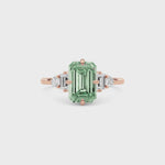 Rose gold Fancy Green Emerald Cut Three Stone Diamond Engagement Ring with Tapered Baguette and Round Side Stones