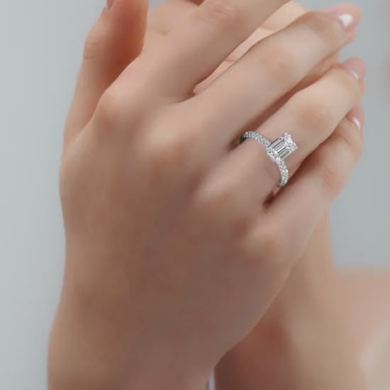 White gold Emerald Diamond Engagement Ring with Hidden Halo and Pavé Band
