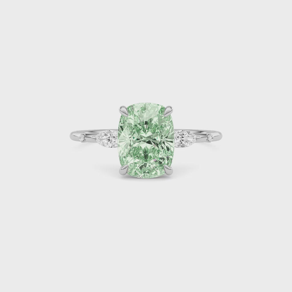 Silver Fancy Green Cushion Cut Diamond Marquise Side Stone Engagement Ring