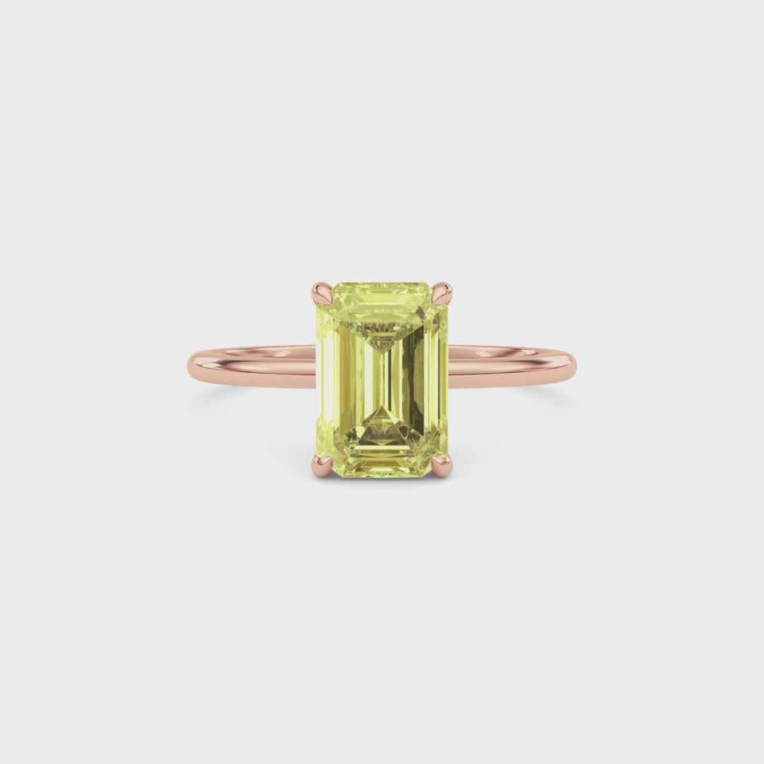 Rose gold Fancy Yellow Emerald Cut Diamond Hidden Halo Solitaire Engagement Ring with Prong Setting