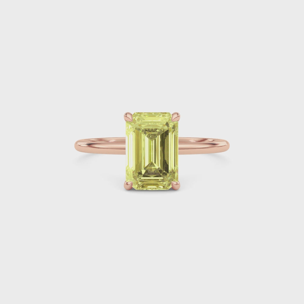 Rose gold Fancy Yellow Emerald Cut Diamond Hidden Halo Solitaire Engagement Ring with Prong Setting