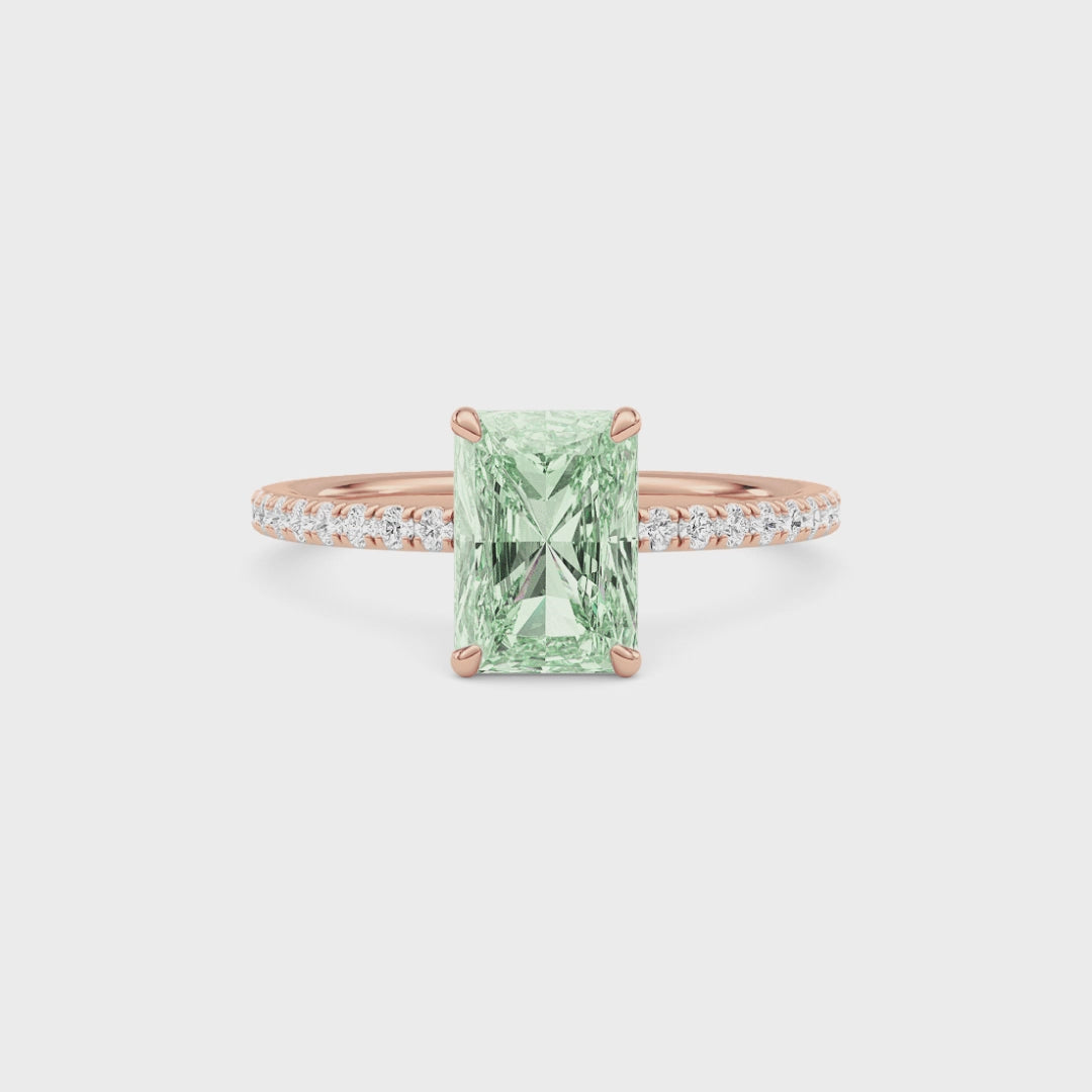 Rose gold Fancy Green Radiant Cut Diamond Solitaire with Pavé Band