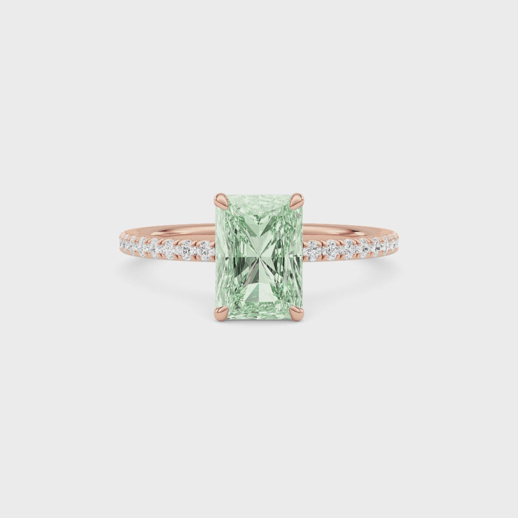 Rose gold Fancy Green Radiant Cut Diamond Solitaire with Pavé Band