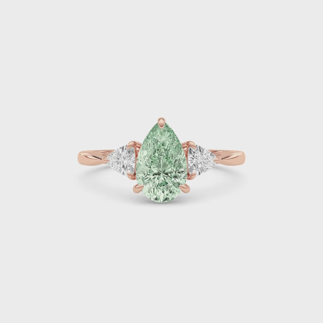 Rose gold Three-Stone Fancy Green Pear Cut Diamond Ring with Trillion Side Stones