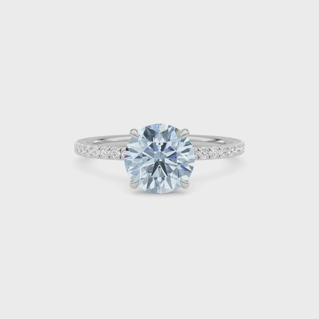 Silver Fancy Blue Round Cut Diamond Solitaire with Pavé Band