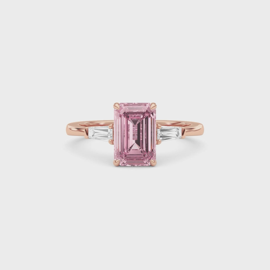 Rose gold Three-Stone Fancy Pink Emerald Cut Diamond Ring with Tapered Baguette Side Stones