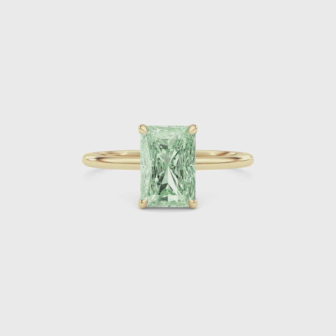 Yellow gold Fancy Green Radiant Cut Diamond Hidden Halo Solitaire Engagement Ring with Prong Setting