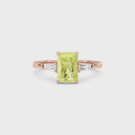 Rose gold Three-Stone Fancy Yellow Radiant Cut Diamond Ring with Tapered Baguette Side Stones