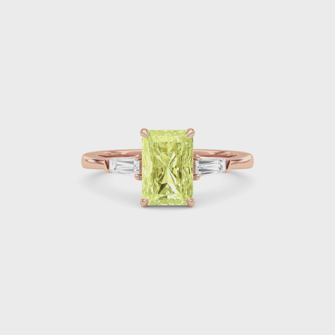 Rose gold Three-Stone Fancy Yellow Radiant Cut Diamond Ring with Tapered Baguette Side Stones