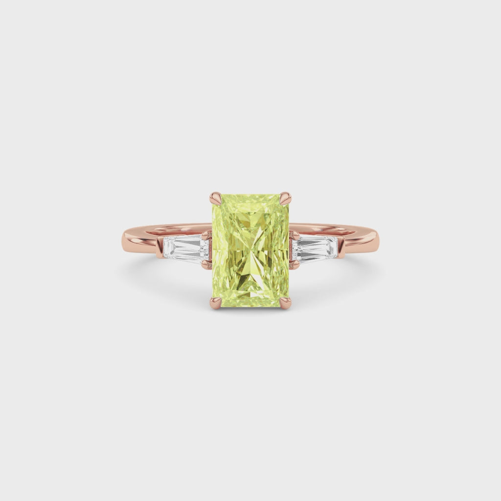 Rose gold Three-Stone Fancy Yellow Radiant Cut Diamond Ring with Tapered Baguette Side Stones