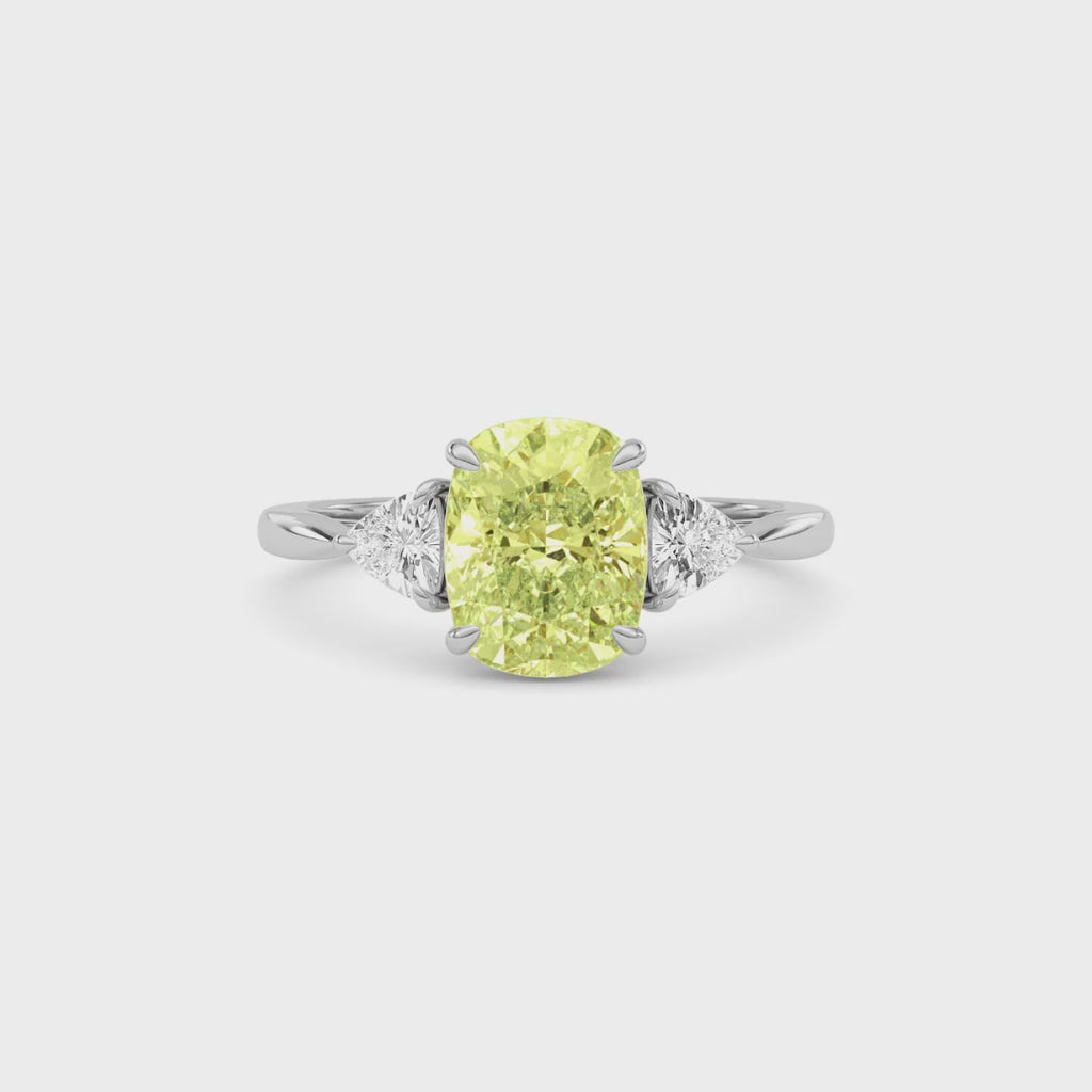 Yellow gold Three-Stone Fancy Yellow Cushion Cut Diamond Ring with Trillion Side Stones