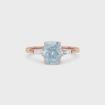 Rose gold Three-Stone Fancy Blue Cushion Cut Diamond Ring with Tapered Baguette Side Stones