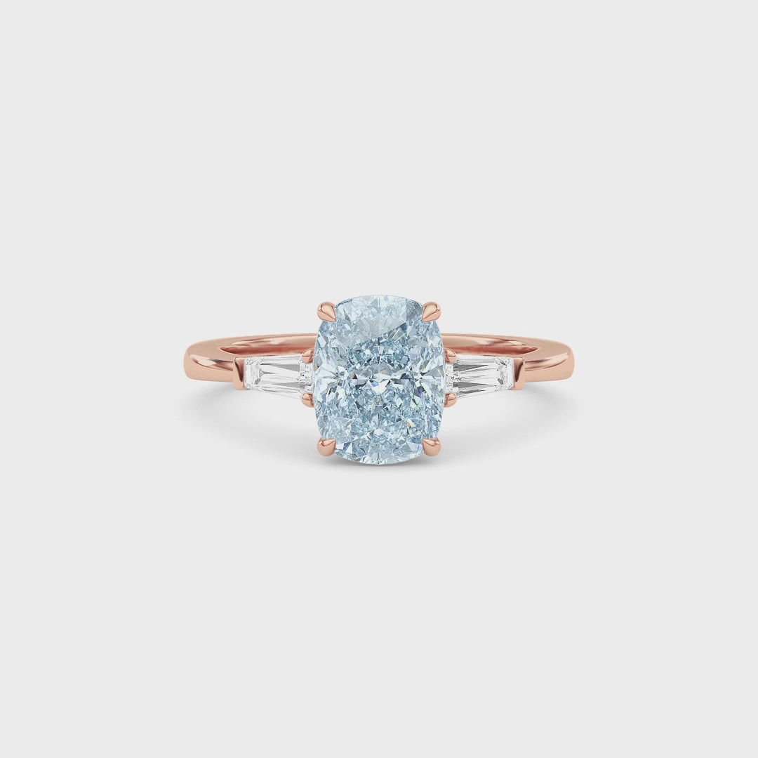 Rose gold Three-Stone Fancy Blue Cushion Cut Diamond Ring with Tapered Baguette Side Stones