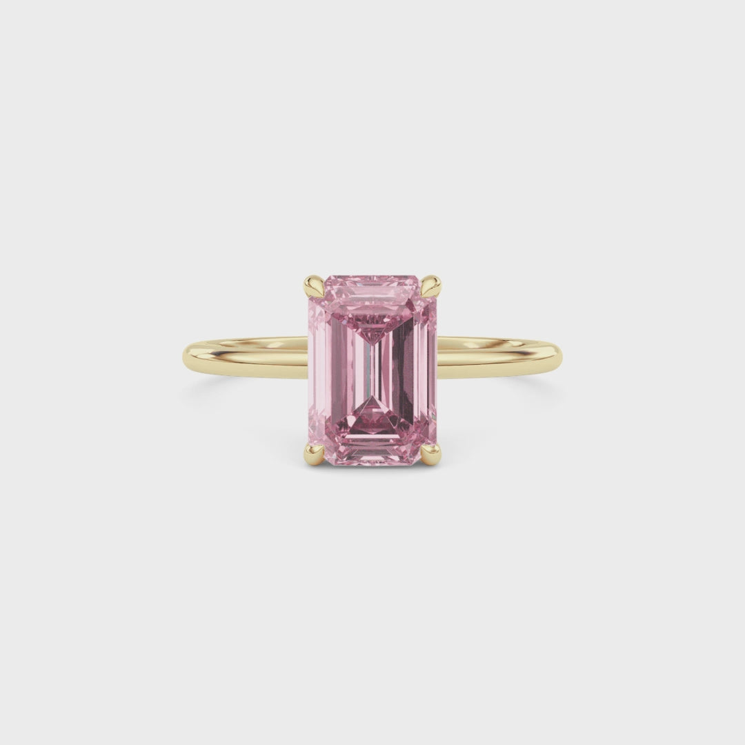 Yellow gold Fancy Pink Emerald Cut Diamond Hidden Halo Solitaire Engagement Ring with Prong Setting