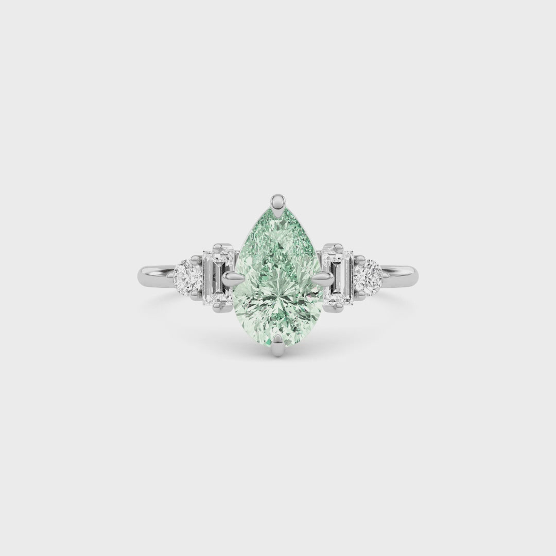 Silver Fancy Green Pear Cut Three Stone Diamond Engagement Ring with Tapered Baguette and Round Side Stones