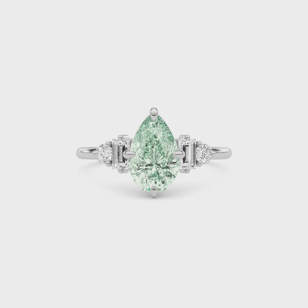 Silver Fancy Green Pear Cut Three Stone Diamond Engagement Ring with Tapered Baguette and Round Side Stones