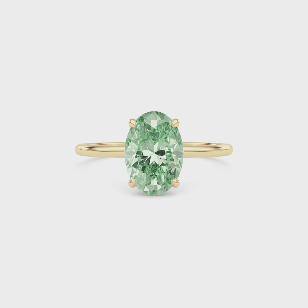 Yellow gold Fancy Green Oval Cut Diamond Hidden Halo Solitaire Engagement Ring with Prong Setting