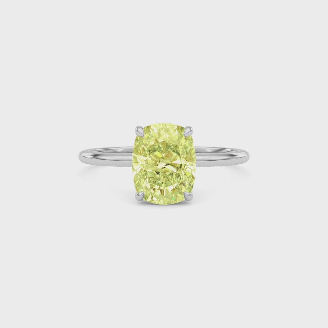 Yellow gold Fancy Yellow Cushion Cut Diamond Hidden Halo Solitaire Engagement Ring with Prong Setting