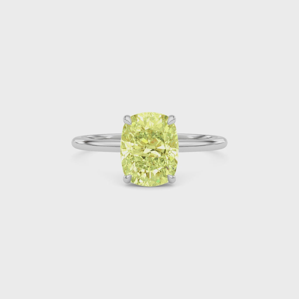 Yellow gold Fancy Yellow Cushion Cut Diamond Hidden Halo Solitaire Engagement Ring with Prong Setting