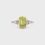Rose gold Fancy Yellow Emerald Cut Three Stone Diamond Engagement Ring with Tapered Baguette and Round Side Stones