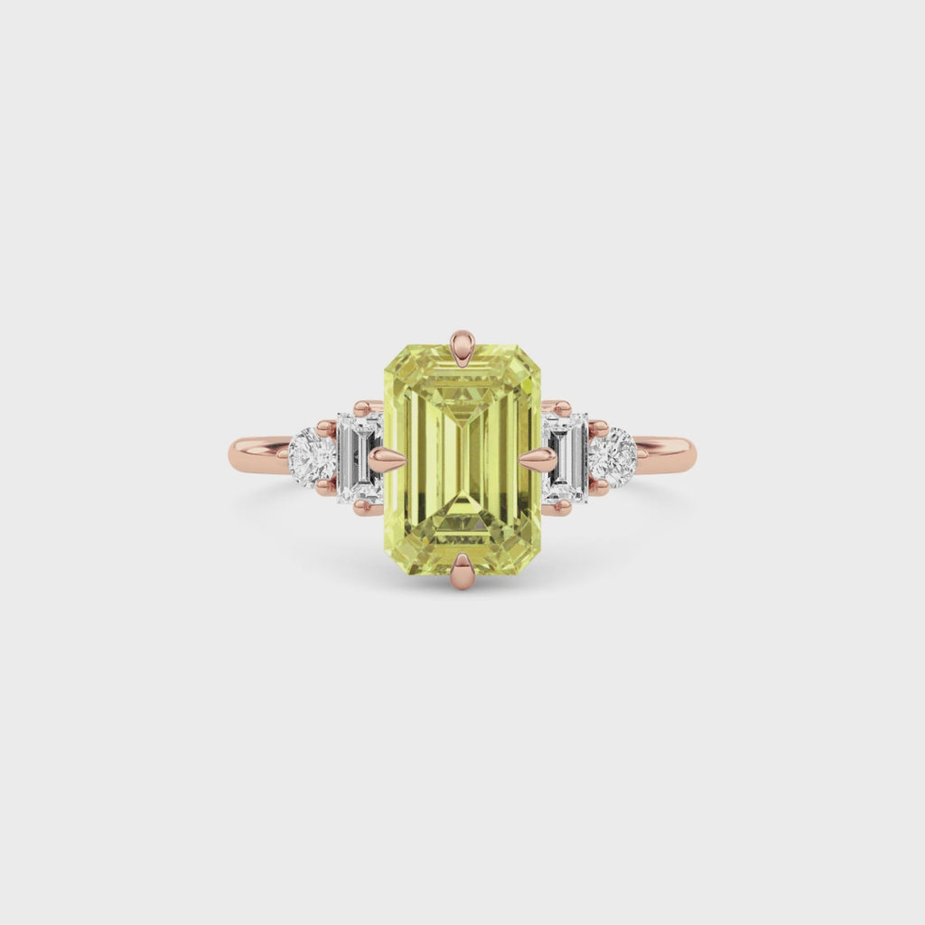 Rose gold Fancy Yellow Emerald Cut Three Stone Diamond Engagement Ring with Tapered Baguette and Round Side Stones