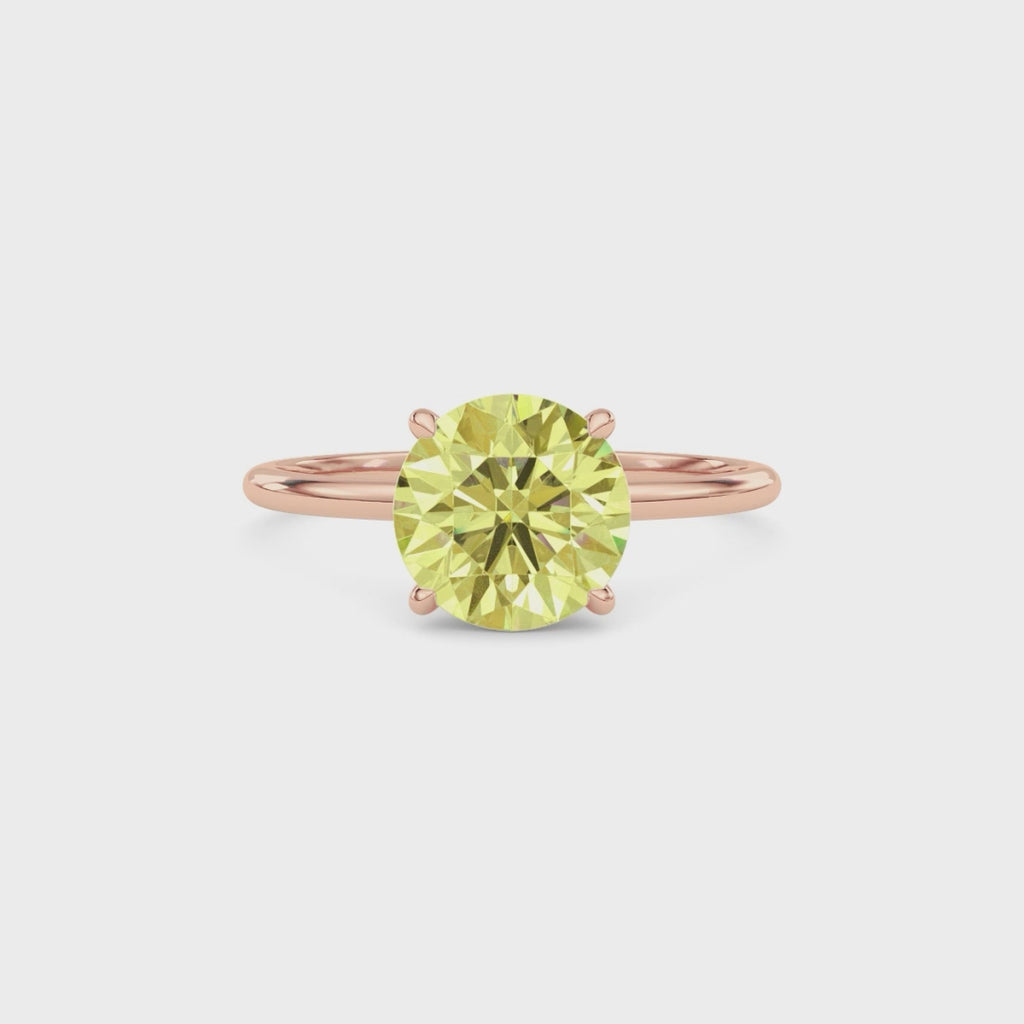 Rose gold Fancy Yellow Round Cut Diamond Hidden Halo Solitaire Engagement Ring with Prong Setting